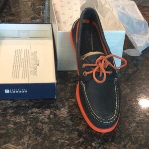 Sperry Black and Orange Boat Shoes with Moccasin Toe